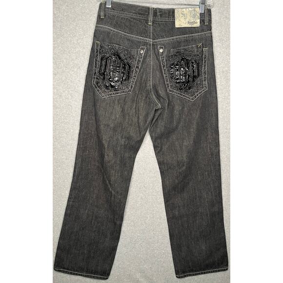Southpole Premium jeans Y2K Embroidered pocket black denim hip hop wide leg 34 - Picture 7 of 12